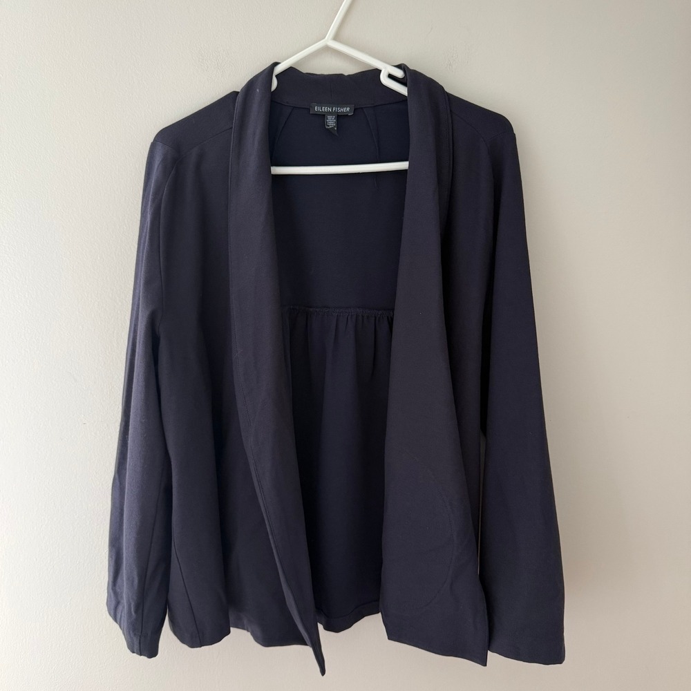Eileen Fisher Navy Blue Open Front Shawl Collar Cardigan XL Gathered Back Jersey